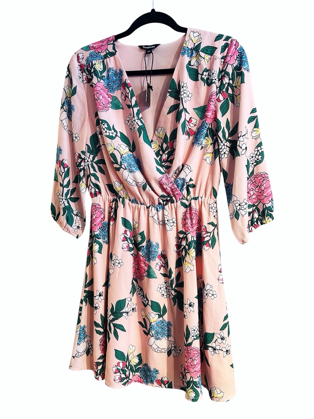 Pink Floral Wrap Dress with Green & Blue Accents